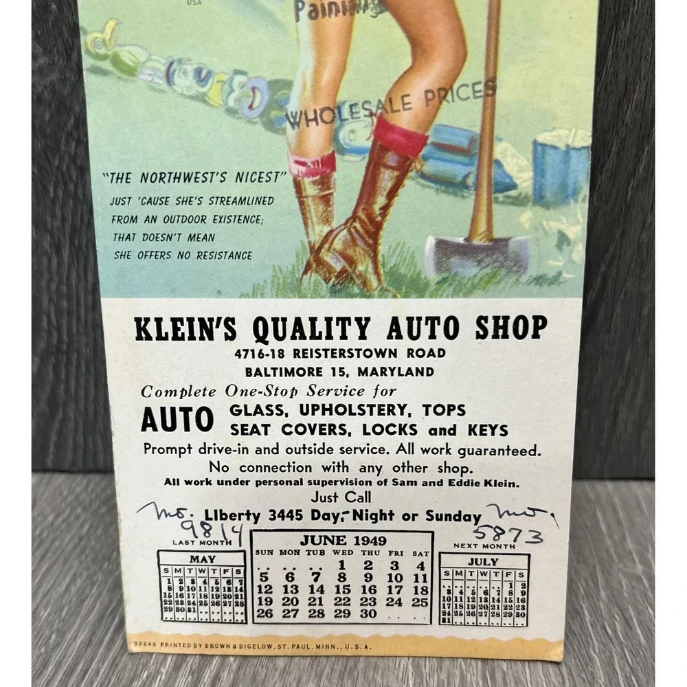 Vintage 1949 Brown & Bigelow Pin Up Ad Card Klein's Auto Shop Baltimore MD